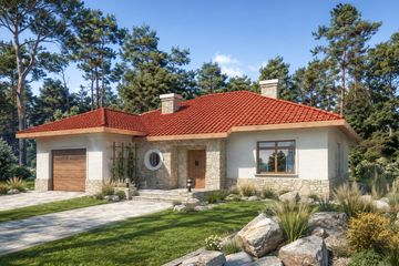 Projekt domu Nesta - parterowy dom o powierzchni 143,33 m², dach kopertowy, koszt budowy 418 000 zł - ujęcie frontu
