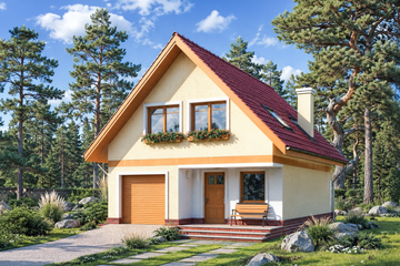 Projekt domu Promyk - parterowy z poddaszem dom o powierzchni 115,80 m², dach dwuspadowy, koszt budowy 301 000 zł - ujęcie frontu