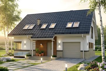 Projekt domu HG-C11 - parterowy z poddaszem dom o powierzchni 130 m², dach dwuspadowy, koszt budowy 323 000 zł - ujęcie frontu