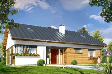 Projekt domu Oliwka wariant B - parterowy dom o powierzchni 95,53 m², dach dwuspadowy, koszt budowy 310 000 zł - ujęcie frontu