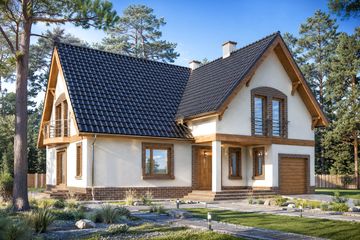 Projekt domu Margo 2rodziny - parterowy z poddaszem dom o powierzchni 238,20 m², dach czterospadowy, koszt budowy 245 000 zł - ujęcie frontu