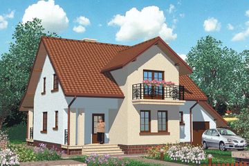 Projekt domu APS 085 + P - parterowy z poddaszem dom o powierzchni 169 m², dach dwuspadowy, koszt budowy 477 000 zł - ujęcie frontu