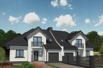 Projekt domu APS 215 dwulokalowy - parterowy z poddaszem dom o powierzchni 289,40 m², dach dwuspadowy - ujęcie frontu