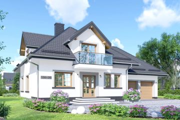 Projekt domu APS 136 + 2G - parterowy z poddaszem dom o powierzchni 156,70 m², dach kopertowy, koszt budowy 426 000 zł - ujęcie frontu