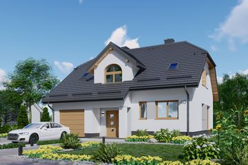 Projekt domu APS 040 + P - parterowy z poddaszem dom o powierzchni 155,40 m², dach naczółkowy, koszt budowy 428 000 zł - ujęcie frontu