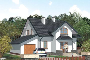 Projekt domu APS 102 + G - parterowy z poddaszem dom o powierzchni 142,30 m², dach dwuspadowy, koszt budowy 364 000 zł - ujęcie frontu