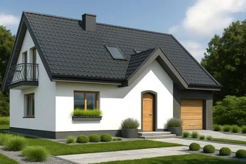Projekt domu Tymek a - parterowy z poddaszem dom o powierzchni 139,80 m², dach dwuspadowy, koszt budowy 374 000 zł - ujęcie frontu