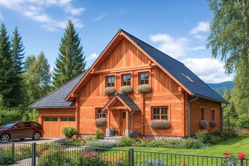 Projekt domu L-78 Dom lisia - z bali - parterowy z poddaszem dom o powierzchni 164,80 m², dach wielospadowy - ujęcie frontu