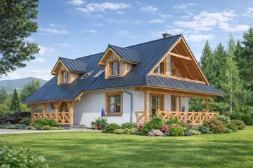 Projekt domu A-124 Dom grabowa - szkieletowy - parterowy z poddaszem dom o powierzchni 144,30 m², dach dwuspadowy, koszt budowy 345 600 zł - ujęcie frontu