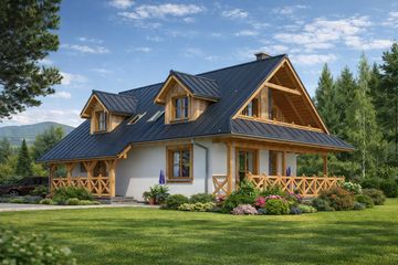 Projekt domu A-124 Dom szkieletowy - parterowy z poddaszem dom o powierzchni 144,20 m², dach dwuspadowy, koszt budowy 345 600 zł - ujęcie frontu