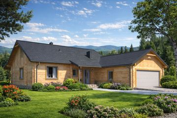 Projekt domu A-128 Dom katowicka - z bali - parterowy dom o powierzchni 111,90 m², dach dwuspadowy, koszt budowy 425 320 zł - ujęcie frontu