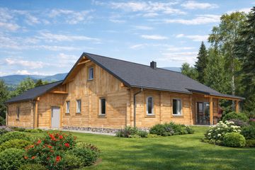 Projekt domu A-128 Dom katowicka - z bali - parterowy dom o powierzchni 111,90 m², dach dwuspadowy - ujęcie 3