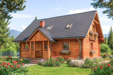 Projekt domu A-127 Dom jawora - z bali - parterowy z poddaszem dom o powierzchni 151,50 m², dach dwuspadowy, koszt budowy 424 200 zł - ujęcie frontu