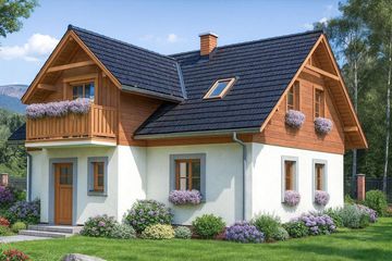 Projekt domu L-73 Dom wierzbowa - murowany - parterowy z poddaszem dom o powierzchni 121,10 m², dach dwuspadowy, koszt budowy 302 750 zł - ujęcie frontu