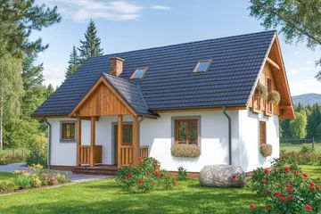 Projekt domu A-127 Dom jawora - szkieletowy - parterowy z poddaszem dom o powierzchni 155,10 m², dach dwuspadowy, koszt budowy 372 240 zł - ujęcie frontu