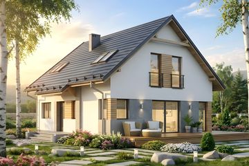 Projekt domu HG-N3A - parterowy z poddaszem dom o powierzchni 116,80 m², dach dwuspadowy, koszt budowy 286 000 zł - ujęcie frontu