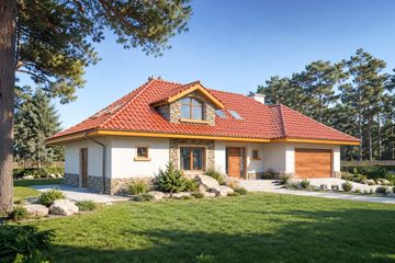 Projekt domu Sadyba - parterowy z poddaszem dom o powierzchni 164,10 m², dach kopertowy, koszt budowy 444 000 zł - ujęcie frontu