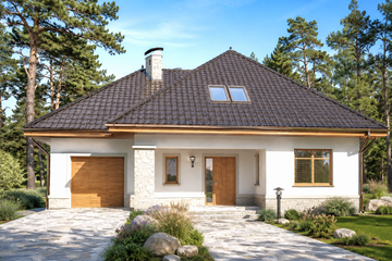 Projekt domu Syntia - parterowy z poddaszem dom o powierzchni 148,35 m², dach kopertowy, koszt budowy 394 000 zł - ujęcie frontu
