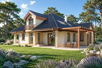 Projekt domu Adam - parterowy z poddaszem dom o powierzchni 227,30 m², dach kopertowy, koszt budowy 609 000 zł - ujęcie frontu