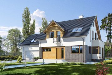 Projekt domu E-146 - parterowy z poddaszem dom o powierzchni 151 m², dach dwuspadowy, koszt budowy 418 000 zł - ujęcie frontu