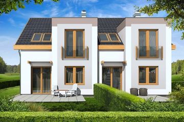 Projekt domu Emilia - bliźniak LP - parterowy z poddaszem dom o powierzchni 88,70 m², dach dwuspadowy - ujęcie frontu