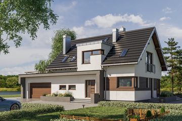 Projekt domu Klara Polo (1422) - parterowy z poddaszem dom o powierzchni 140,30 m², dach dwuspadowy, koszt budowy 383 000 zł - ujęcie frontu