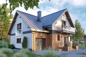 Projekt domu Koliba Astro (1423) - parterowy z poddaszem dom o powierzchni 123 m², dach dwuspadowy, koszt budowy 351 000 zł - ujęcie frontu