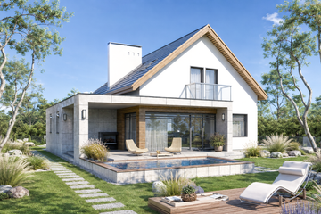 Projekt domu Alamo c - parterowy z poddaszem dom o powierzchni 132,20 m², dach dwuspadowy, koszt budowy 371 000 zł - ujęcie frontu