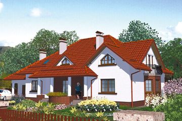 Projekt domu APS 026 - parterowy z poddaszem dom o powierzchni 261,50 m², dach kopertowy - ujęcie frontu