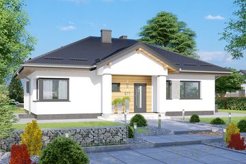 Projekt domu APS 277 - parterowy dom o powierzchni 108,90 m², dach kopertowy, koszt budowy 354 000 zł - ujęcie frontu