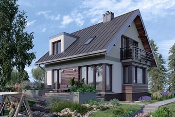 Projekt domu Mirona Solo (1466) - parterowy z poddaszem dom o powierzchni 112,20 m², dach dwuspadowy, koszt budowy 291 000 zł - ujęcie frontu