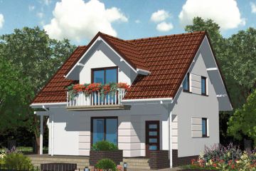 Projekt domu APS 123 - parterowy z poddaszem dom o powierzchni 96,40 m², dach dwuspadowy, koszt budowy 247 000 zł - ujęcie frontu