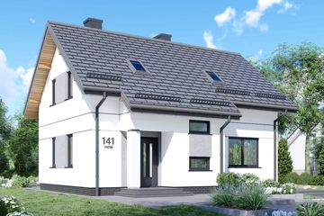 Projekt domu APS 141 NEW - parterowy z poddaszem dom o powierzchni 109,40 m², dach dwuspadowy, koszt budowy 284 000 zł - ujęcie frontu