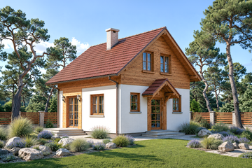 Projekt domu Domek Jesienny (005 SK V2) - parterowy z poddaszem dom o powierzchni 79,80 m², dach dwuspadowy - ujęcie frontu