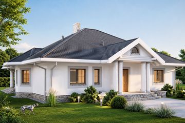 Projekt domu Jura - parterowy dom o powierzchni 131,50 m², dach kopertowy, koszt budowy 396 000 zł - ujęcie frontu