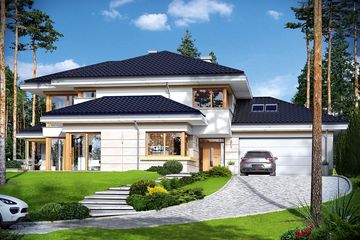 Projekt domu z widokiem 3 - z pełnym piętrem dom o powierzchni 186,93 m², dach wielospadowy, koszt budowy 532 000 zł - ujęcie frontu