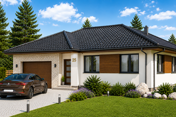 Projekt domu Kreta - parterowy dom o powierzchni 101,41 m², dach wielospadowy, koszt budowy 305 000 zł - ujęcie frontu