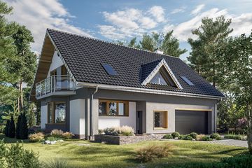 Projekt domu Saba (1500) - parterowy z poddaszem dom o powierzchni 148,40 m², dach dwuspadowy, koszt budowy 403 000 zł - ujęcie frontu