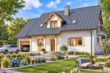 Projekt domu BW-03 wariant 14 - parterowy z poddaszem dom o powierzchni 123,20 m², dach dwuspadowy, koszt budowy 328 000 zł - ujęcie frontu