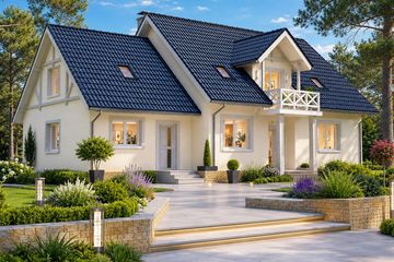 Projekt domu BS-12 dwulokalowy - parterowy z poddaszem dom o powierzchni 187,70 m², dach dwuspadowy - ujęcie frontu