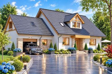 Projekt domu BW-27 wariant 5 - parterowy z poddaszem dom o powierzchni 139,70 m², dach dwuspadowy, koszt budowy 372 000 zł - ujęcie frontu