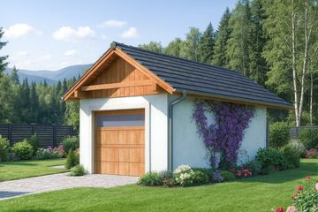 Projekt garażu G-1 szkieletowy - parterowy dom, dach dwuspadowy - ujęcie frontu