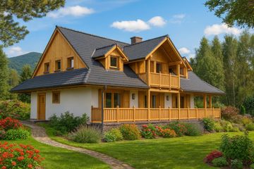 Projekt domu A-137 Dom sokola - szkieletowy - parterowy z poddaszem dom o powierzchni 143,70 m², dach dwuspadowy - ujęcie 2
