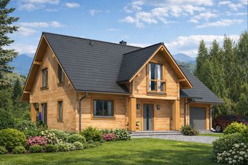 Projekt domu A-132 Dom żurawia - z bali - parterowy z poddaszem dom o powierzchni 154,20 m², dach dwuspadowy, koszt budowy 483 280 zł - ujęcie frontu