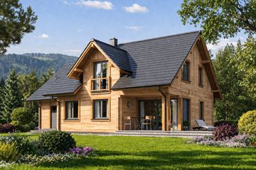 Projekt domu A-132 Dom żurawia - z bali - parterowy z poddaszem dom o powierzchni 154,20 m², dach dwuspadowy - ujęcie 2