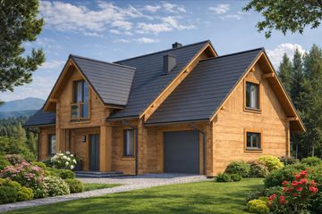Projekt domu A-132 Dom żurawia - z bali - parterowy z poddaszem dom o powierzchni 154,20 m², dach dwuspadowy - ujęcie 3
