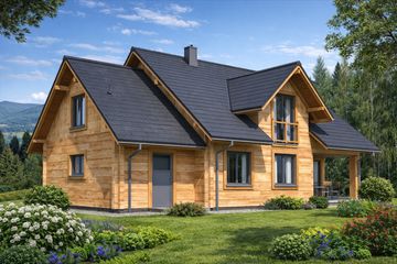 Projekt domu A-132 Dom żurawia - z bali - parterowy z poddaszem dom o powierzchni 154,20 m², dach dwuspadowy - ujęcie 4