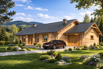 Projekt domu A-134 Dom południowa - z bali - parterowy dom o powierzchni 112,20 m², dach dwuspadowy, koszt budowy 385 000 zł - ujęcie frontu