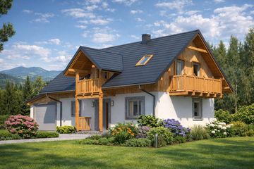 Projekt domu A-138 Dom jagodowa - szkieletowy - parterowy z poddaszem dom o powierzchni 96,50 m², dach dwuspadowy, koszt budowy 289 920 zł - ujęcie frontu