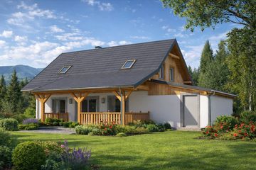 Projekt domu A-138 Dom jagodowa - szkieletowy - parterowy z poddaszem dom o powierzchni 96,50 m², dach dwuspadowy - ujęcie 4